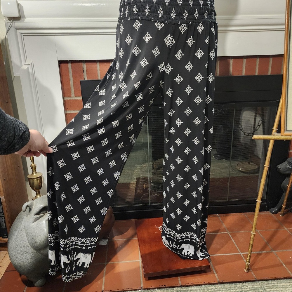 INC International Concepts XL Black White Elephant Diamond Print Boho Wide Pants